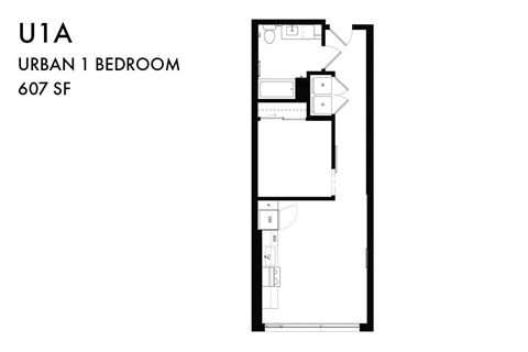 Floor plan for 1 bed, 1 bath, 607 sqft